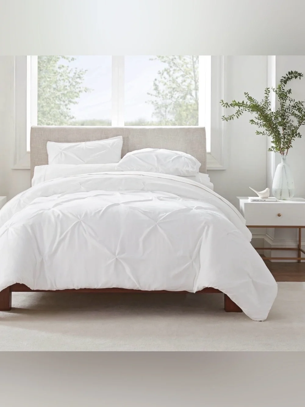 New Serta Simply Clean Pleated 3-Piece Solid Duvet Set, White, Full/Queen F/Q